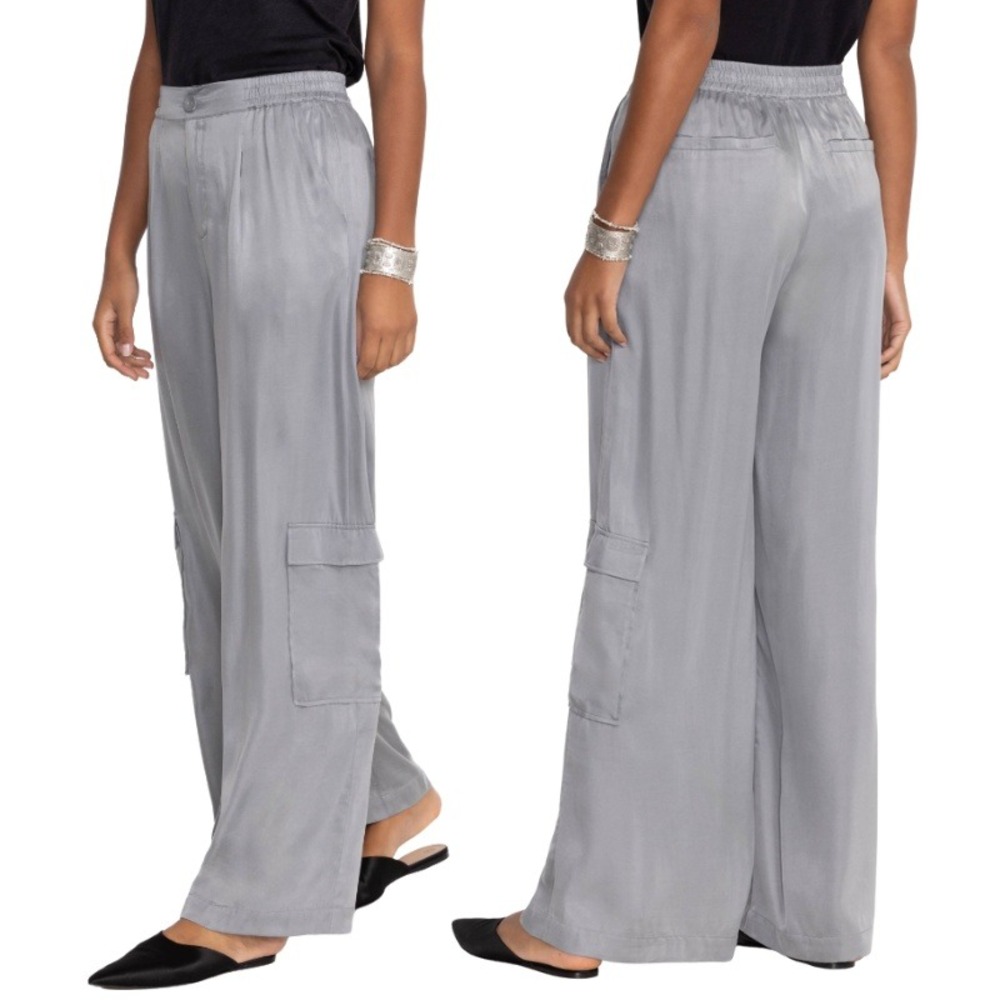Johnny Was Calme NWT Silky Gray Vegan Silk Wide Leg Cargo Pant Relaxed Fit Small